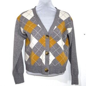 Argyle V Neck Button Cardigan M Sweater Womens Plaid Gray Mustard Academia Boxy